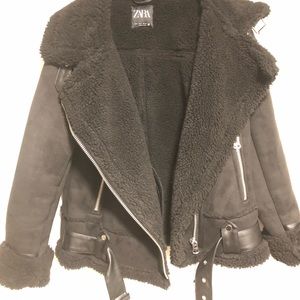 Zara Faux suede shearling jacket in black
